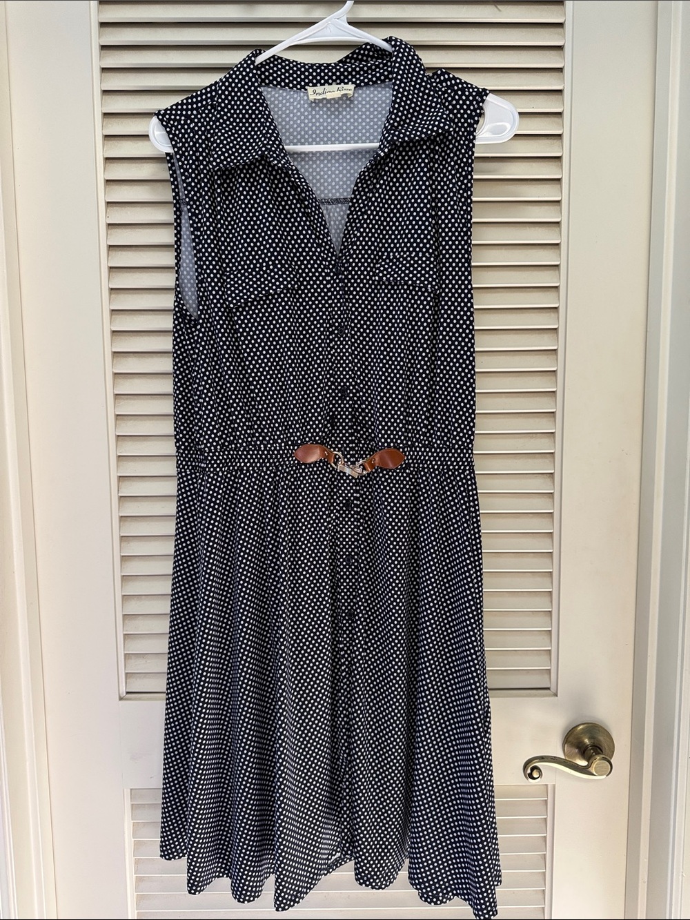 Sleeveless Polka Dot Midi Dress with Belt Detail — Black & White